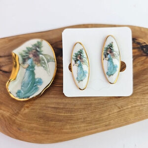 Vintage Brooch Clip Earrings Set Christmas Angel Tree Hand Painted Ceramic 2.5in